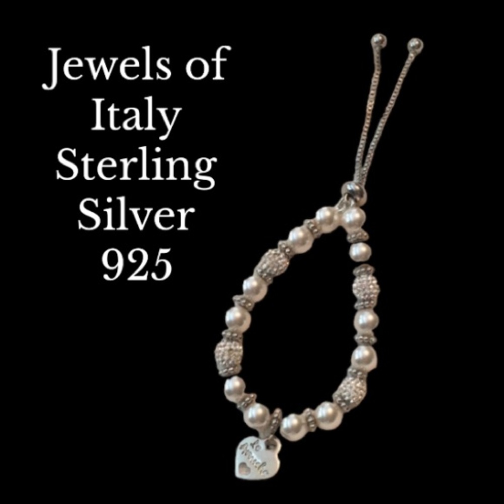Le Amiche Sterling Silver 925, Crystal and Pearl Bracelet, Adjustable Size